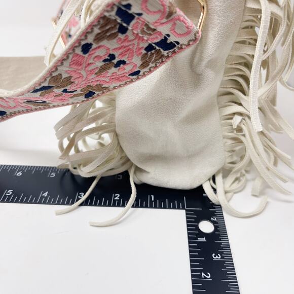 Ahdorned Cream Faux Suede Fringe Crossbody Bag with Pink Brown Wide Boho Strap - Picture 11 of 11